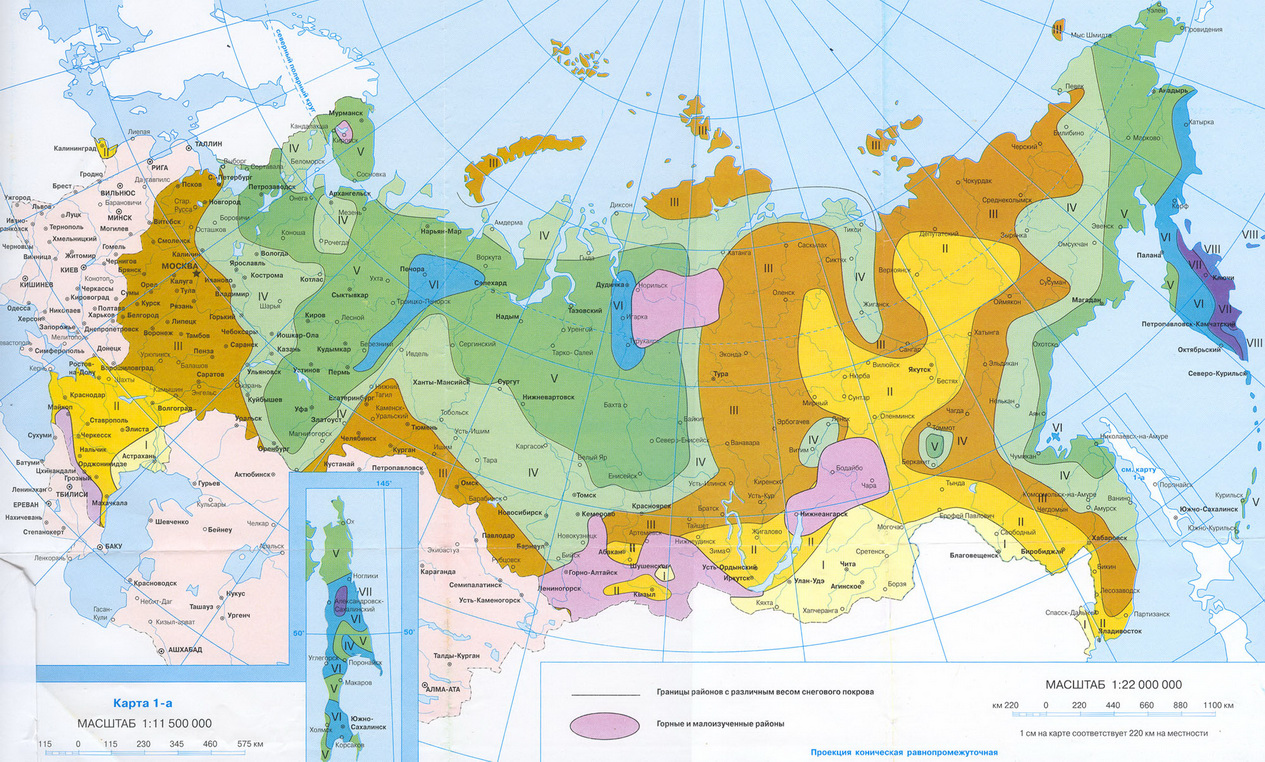 Снеговые и ветровые районы России - карты и таблица